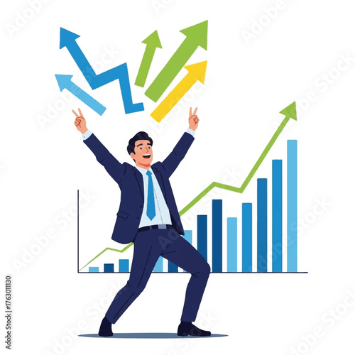 Business Success Celebration: A triumphant professional celebrates financial growth, surrounded by upward-pointing arrows and a rising graph, capturing the spirit of achievement and business success.