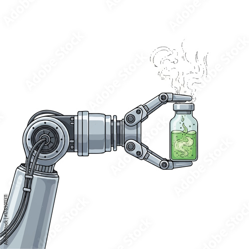 Robotic Arm Holding Vial of Liquid: A metallic robotic arm delicately grasps a vial containing a bubbling, vibrant green liquid, a symbol of scientific innovation and advanced technology.