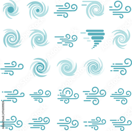 A Flat Vector Icon Set of Wind, Cyclone, and Storm Symbols