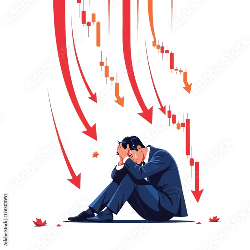 Market Downturn: A lone figure sits dejected beneath a cascade of falling arrows and financial charts, symbolizing the weight of economic turmoil and hardship.