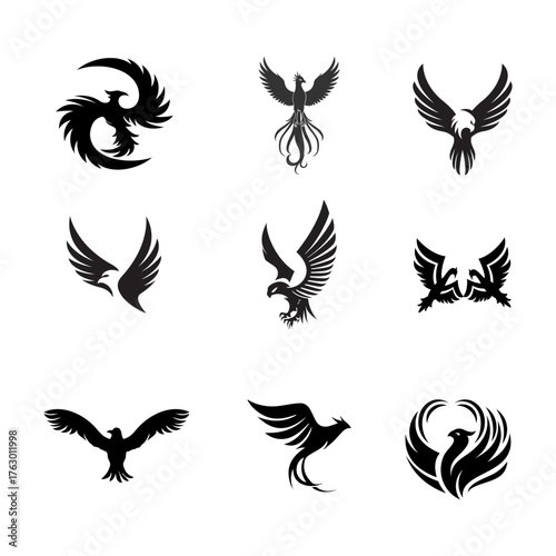 Collection of black phoenix and eagle bird logos and icons