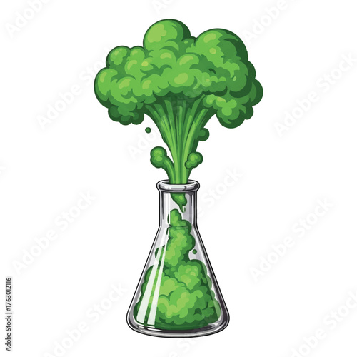 The Chemical Revelation: An image of a glass flask holding a vibrant cloud of green chemical reaction billowing upwards, a vivid portrayal of scientific discovery and experimentation.