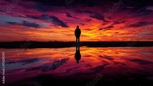 Person stands in alignment with nature, reflecting on vibrant sunset colors that paint sky and water, creating serene atmosphere
