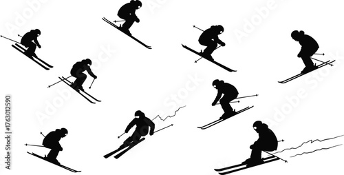 Downhill Skiers Action Silhouettes Set, Winter Extreme Sports, Skiing, Jumping, Slope Race Vector Graphic Illustration