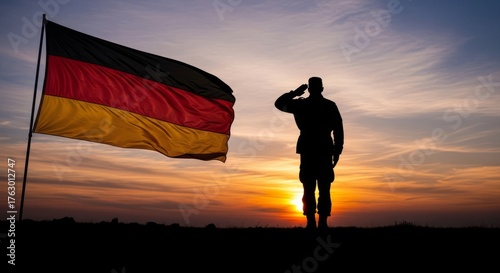 Soldier silhouette saluting at dramatic sunset,  Germany flag waving in the wind, patriotic holiday tribute, powerful symbolic scene