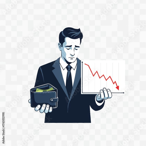 Financial Downturn: A somber illustration captures a businessman facing economic hardship, clutching an empty wallet and a graph depicting a downward trend. A visual metaphor for financial loss.