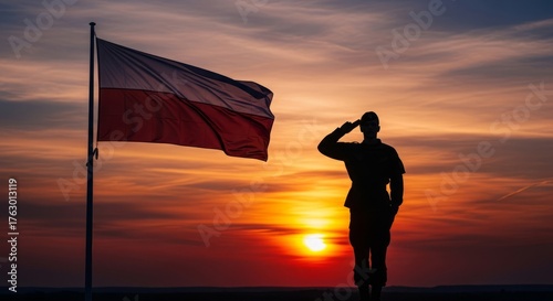 Soldier silhouette saluting at dramatic sunset,  Poland flag waving in the wind, patriotic holiday tribute, powerful symbolic scene