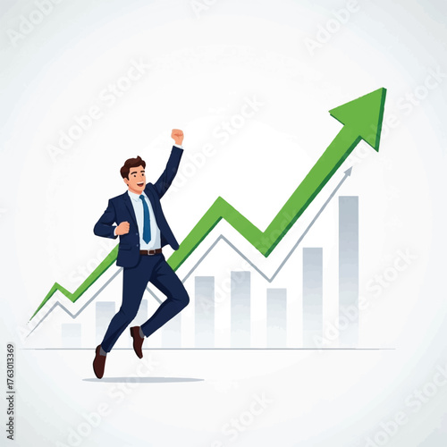 Ascendancy Celebration: A dynamic business figure celebrates upward success. A man triumphantly jumps with glee as a chart graphically illustrates growth.