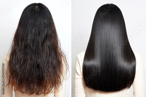 Long black hair transformation from frizzy to glossy smooth with straightening treatment back view