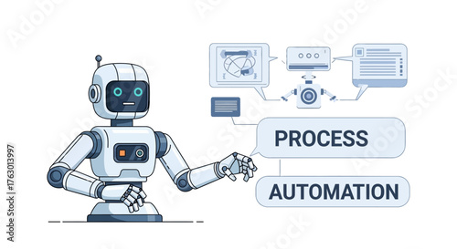 Cartoon Robot Illustrating Process Automation with Speech Bubbles and Diagrams
