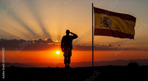 Soldier silhouette saluting at dramatic sunset, Spain flag waving in the wind, patriotic holiday tribute, powerful symbolic scene