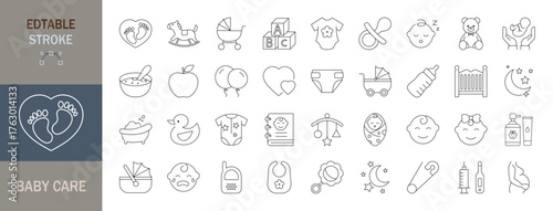 Baby care Icon set. Child, diaper, child sleeping, child care and more. . Editable line icons. Vector illustration.