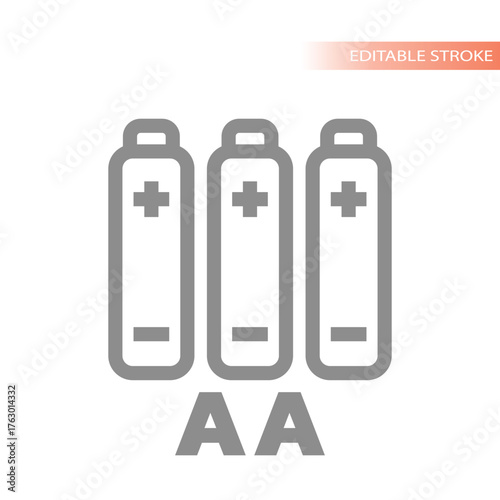 Three aa battery type line icon. AA 3 batteries editable stroke vector.