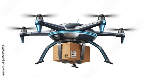 Delivery Drone Carrying a Package with Spinning Propellers