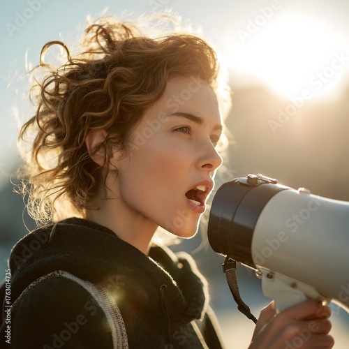 Young Woman Using Megaphone to Express Passionate Message Outdoors