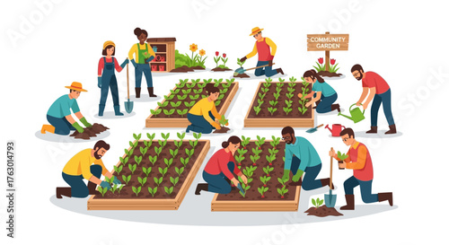 Diverse group of people working together in a vibrant community garden