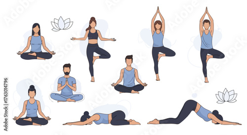 Diverse people practicing yoga poses, meditation, and balance exercises