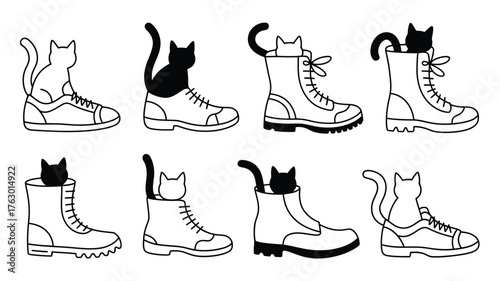 Playful cats hiding in shoes and boots outline drawing for quirky designs and playful projects featuring cute feline characters and trendy footwear styles
