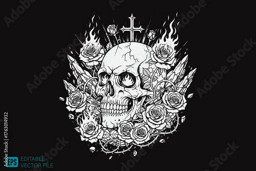Skull with Roses and Flames Vector Illustration.