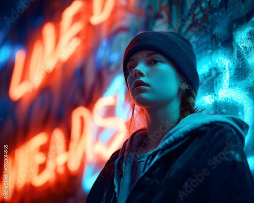 Young Person in Beanie Against Vibrant Neon Graffiti Background