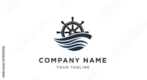 Nautical ship helm logo design with ocean waves symbol.