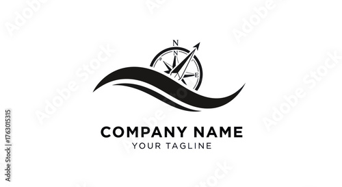 Nautical Compass Logo Design with Wavy Lines.