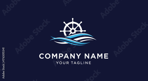 Nautical logo design featuring a ship wheel and ocean waves for maritime branding.