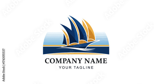 Stylized sailboat logo design with blue and gold sails for a maritime company.