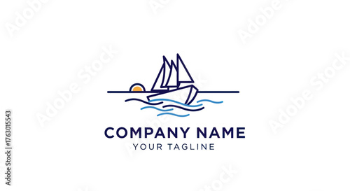 Minimalist Sailboat Logo Design with Sunset and Waves.