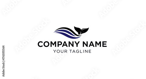 Abstract whale tail logo with blue ocean wave symbol.