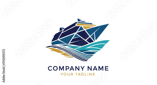 Abstract Geometric Cruise Ship Logo with Ocean Waves Design.