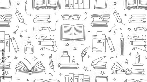 Inspiring reading adventure with a bookish pattern featuring books, feathers, inkwells, and candles for learning and literacy promotion materials