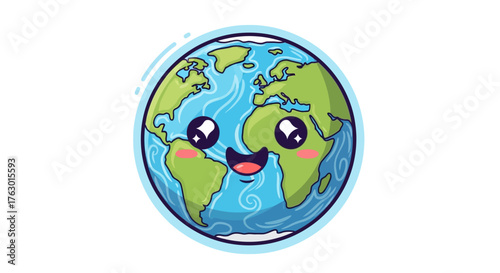 Happy Cartoon Earth Globe with Smiling Face and Green Continents