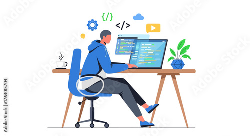Male Programmer Coding on Laptop at Desk with Development Icons