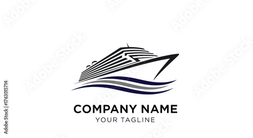 Modern Cruise Ship Sailing on Wavy Water Abstract Logo Design.