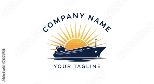 Cargo Ship Sailing at Sunset Logo Design for Maritime Company.