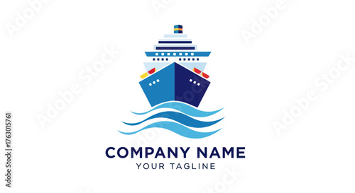 Modern cruise ship logo design on stylized ocean waves.