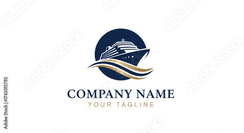 Elegant Cruise Ship Logo Design with Ocean Waves and Circular Backdrop.