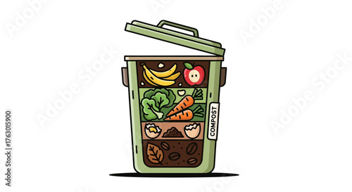 Open green compost bin illustration showing layers of organic food waste for recycling.
