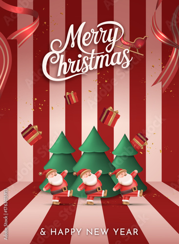 Santa and Christmas trees with falling gifts on red striped background bringing warmth and joy this holiday season. Merry Christmas Flyer Design Vector Illustration 