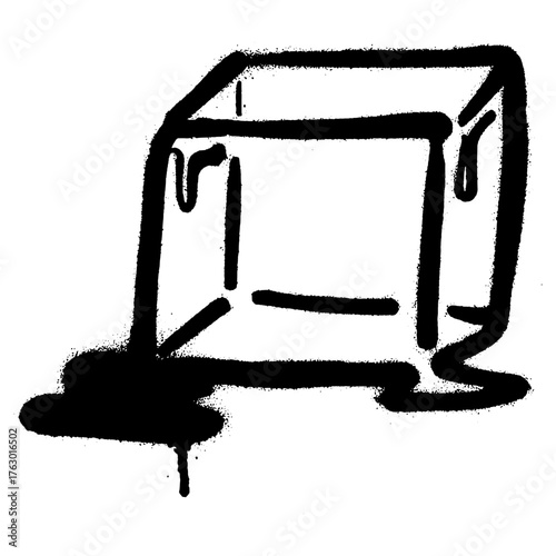 Minimalistic graffiti illustration of a melting ice cube created with black spray paint drips on a white background, urban street art concept.