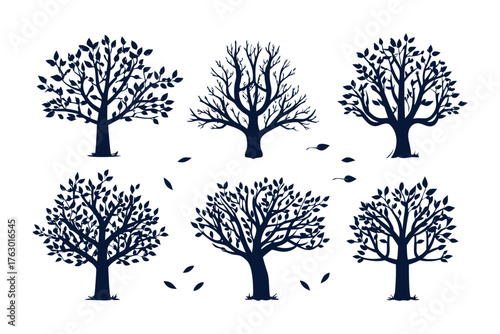 Tree Collection Silhouettes: A collection of detailed tree silhouettes, showcasing various tree species and forms, set against a simple backdrop, ideal for design elements.