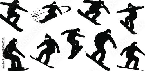 Snowboarders Extreme Action Silhouettes Set, Snowboarding, Jumping, Riding, Winter Sports Fun Vector Graphic Illustration