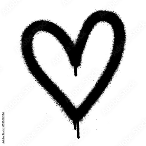bold black graffiti heart painted with spray paint on a clean white background, featuring drips and overspray for an urban street art aesthetic.