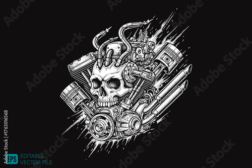 Intricate Skull Engine Design with Pistons and Mechanical Compon
