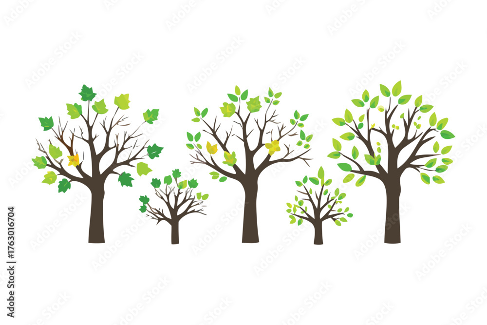 Obraz premium Eco-Friendly Family Trees: A series of vibrant, stylized trees, each adorned with lush leaves and bearing a gentle, natural charm, symbolize growth, life, and the beauty of a healthy environment.