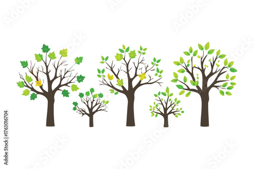 Eco-Friendly Family Trees: A series of vibrant, stylized trees, each adorned with lush leaves and bearing a gentle, natural charm, symbolize growth, life, and the beauty of a healthy environment.