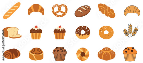 Bakery and Pastry Icon Set in Flat Design. Vector Illustration Collection of Bread, Croissants, Donuts, and Muffins for Cafe, Menu, and Web Graphics.