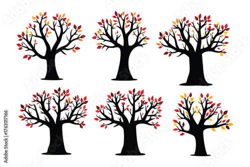 Autumn Tree Collection: A set of stylized trees with vibrant autumn foliage are artfully arranged, presenting a visual ode to the changing seasons and the natural beauty of fall.