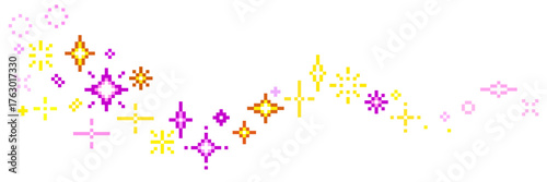 Pixel stars twinkling stars sparkles, shining burst background vector for celebration, magic, and awards in a retro pixelated style, game 8 bit retro.